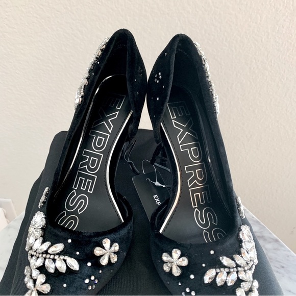 EXPRESS Black Velvet Rhinestone Embellished Stiletto Heels - Picture 6 of 12